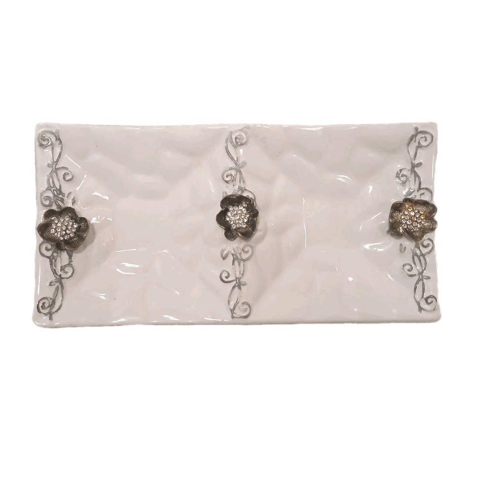 Vintage Trinket Dish Tray Double White Ceramic His & Hers Rhinestones Wedding